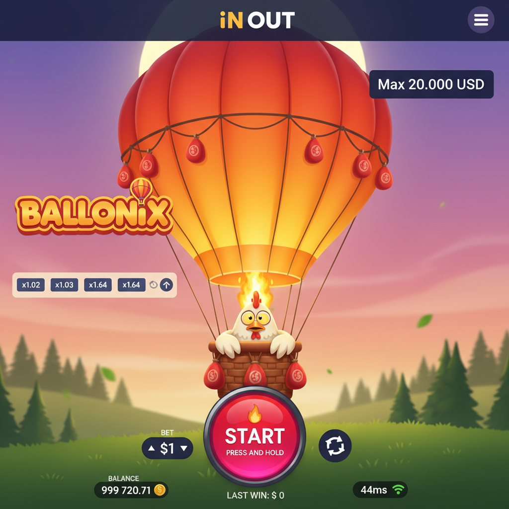 BalloniX Slot Heißluftballon mit Cartoon-Huhn-Pilot im Korb, goldener Ballon über Abendhimmel, Crash-Spiel Spielautomat von InOut