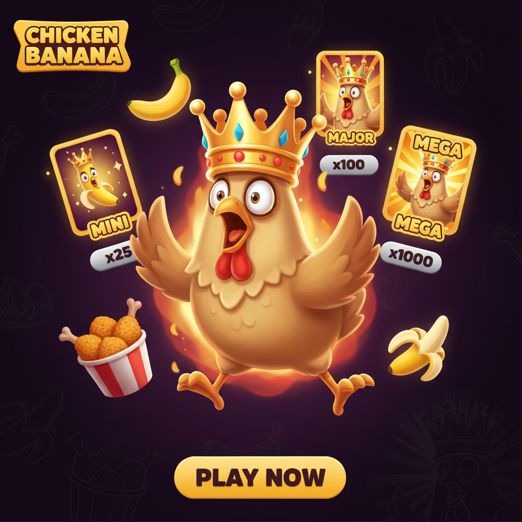 Chicken Banana Slot Spiel: Cartoon-Huhn mit goldener Krone umgeben von gelben Bananen, zeigt Mini Major und Mega Jackpot Symbole mit x25 x100 x1000 Multiplikatoren auf lila Hintergrund
