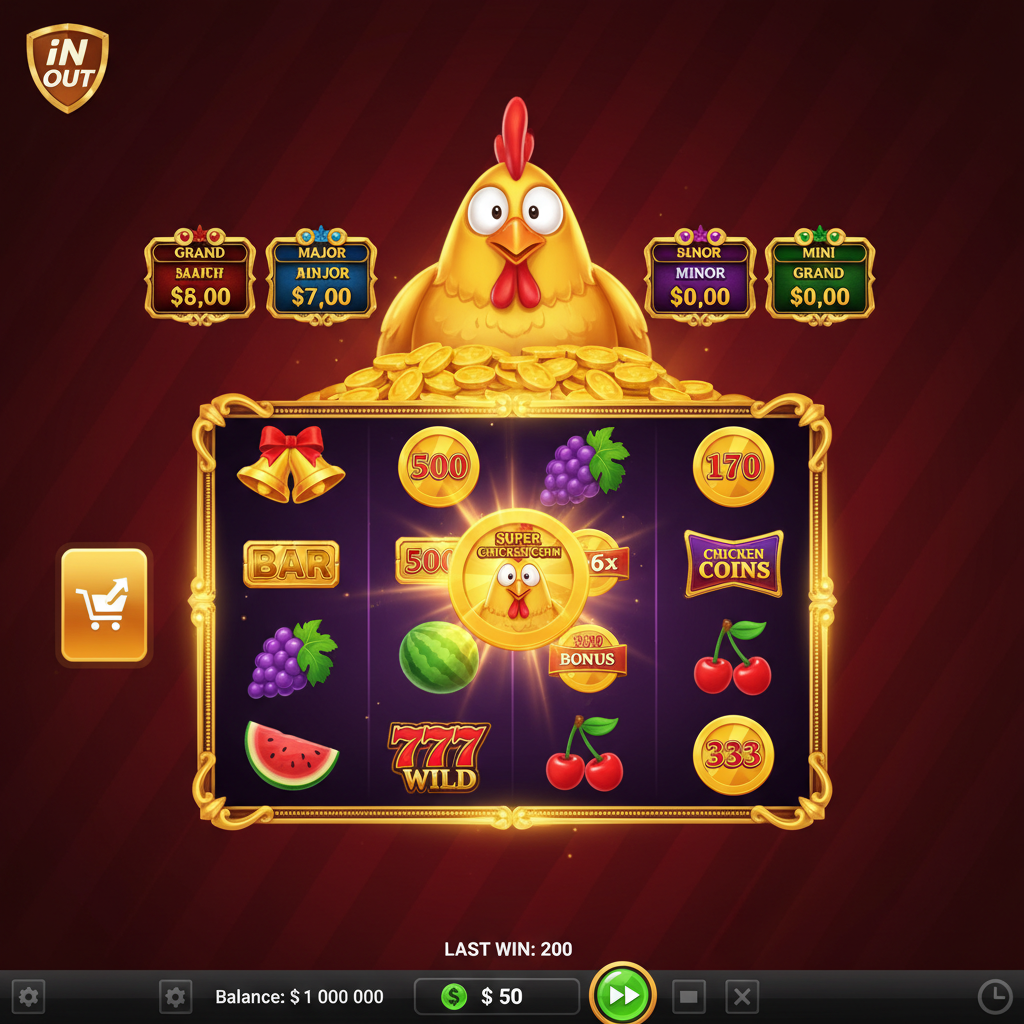 Chicken Coin Hold and Win Spielautomat von InOut mit goldenem Hühner-Maskottchen, Münzen-Symbolen und Bonus-Features auf 3x4 Walzen