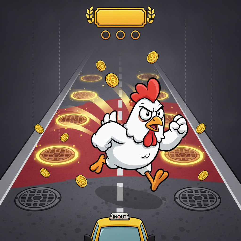 Chicken Road 2 Bonus spelvy med tecknad kyckling som korsar flera vägfiler med multiplikatorer och gyllene mynt