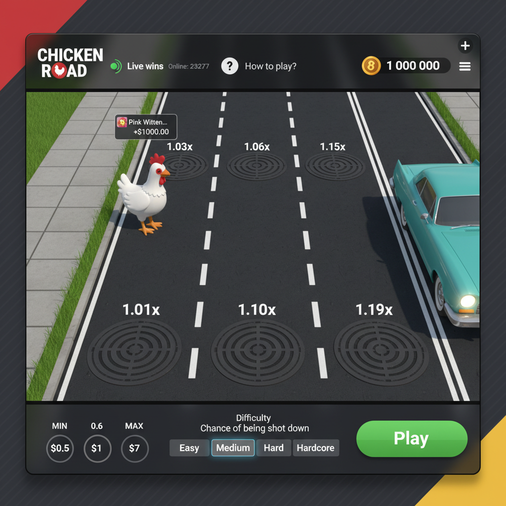 Chicken Road 2 Slot von InOut - Weißes Huhn mit rotem Kamm überquert 6-spurige Autobahn mit Multiplikator-Kanaldeckeln und Fahrbahnmarkierungen