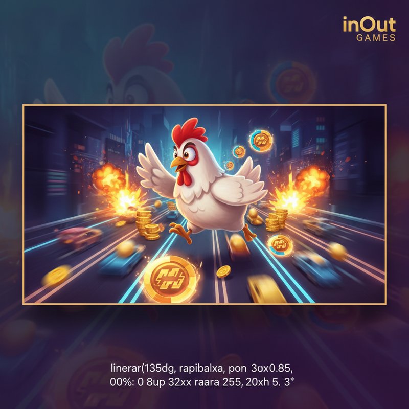 Chicken Road Bonus Slot von InOut Games zeigt ein weißes Cartoon-Huhn mit rotem Kamm, das über gefährliche Straßenspuren mit progressiven Multiplikatoren läuft, goldene Eier und Münzen sammelt, mit dramatischen Feuer-Kollisionseffekten und leuchtenden Multiplier-Kreisen