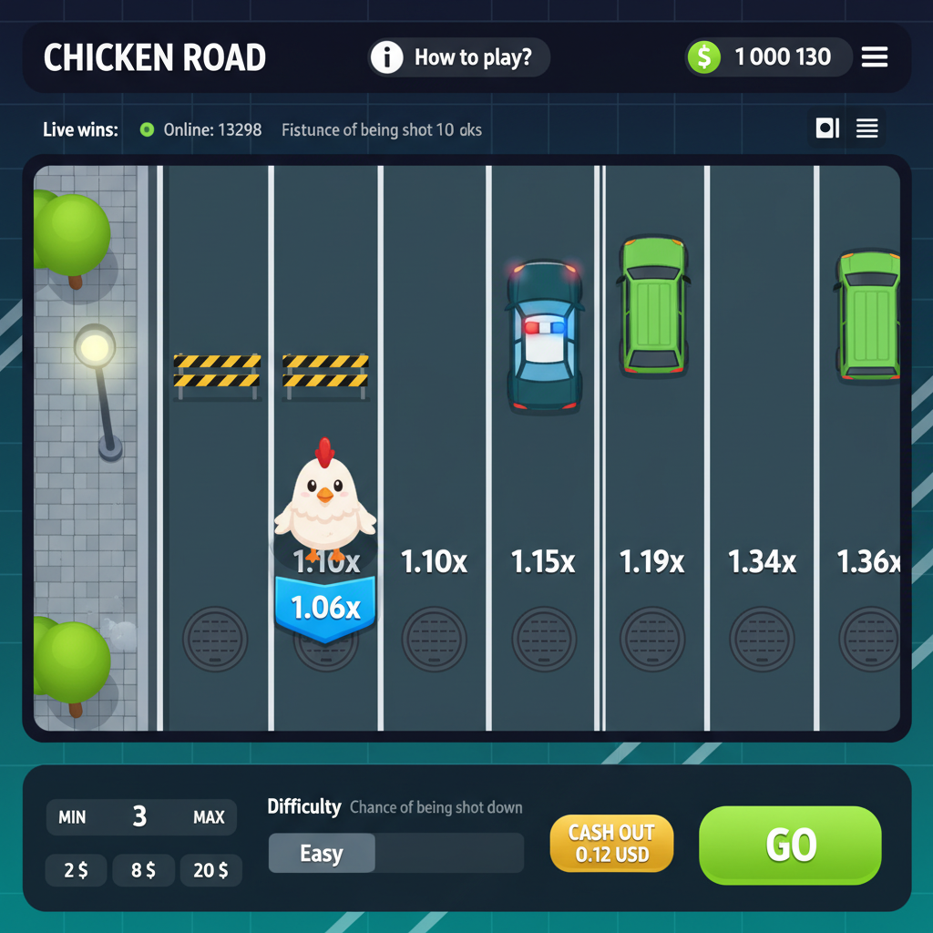 Chicken Road Slot Spielansicht: Cartoon-Huhn überquert mehrspurige Straße mit Autos, Multiplier-Anzeigen auf Kanaldeckeln, gelb-schwarze Barrieren und goldener Münze – Crash-Game von InOut