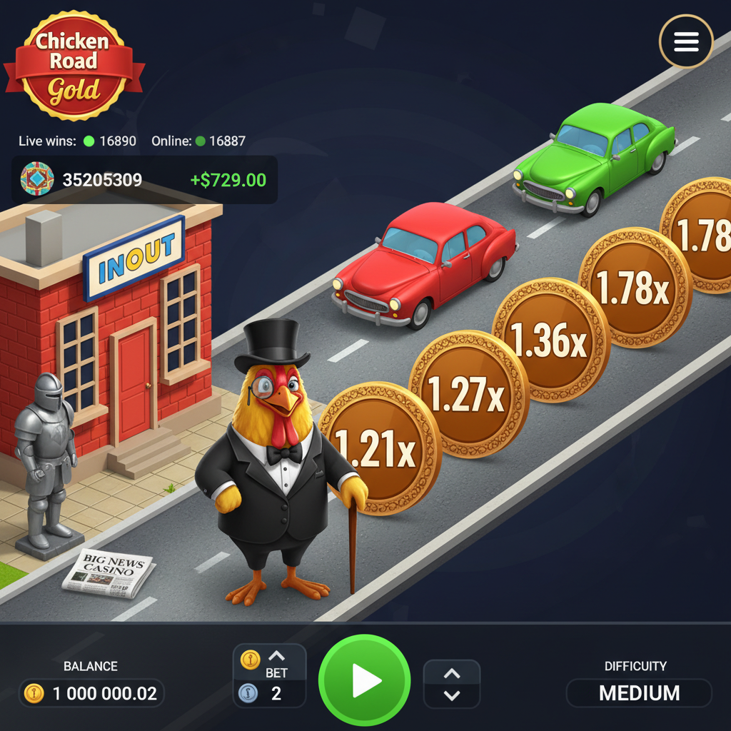 Chicken Road Gold Spiel: Elegantes Huhn im Frack mit Zylinder und Monokel überquert Straße mit goldenen Multiplikator-Münzen, rote und grüne Autos als Hindernisse, INOUT Gaming