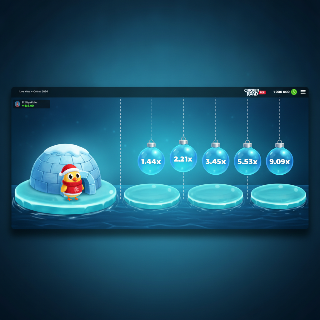 Chicken Road Ice spel visar kycklingen i tomtemössa på isflak framför iglu med blå julkulor som visar multiplikatorer över arktiskt vatten