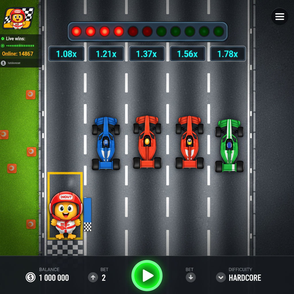 Chicken Road Race Slot: Cartoon-Huhn in rotem Rennhelm auf einer Rennstrecke von oben, umgeben von bunten Formel-1-Autos, mit Fahrbahnmarkierungen und Multiplikator-Anzeigen im Crash-Style Spielmechanik
