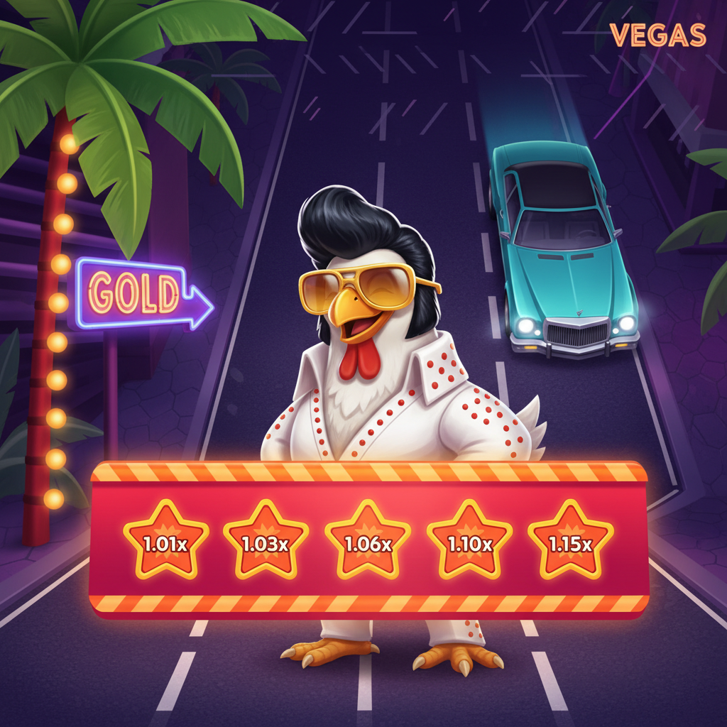 Chicken Road Vegas Spielcharakter: Elvis-Huhn mit Sonnenbrille und weißem Jumpsuit überquert leuchtende Vegas-Straße mit Neon-Multiplikatoren und Luxusautos