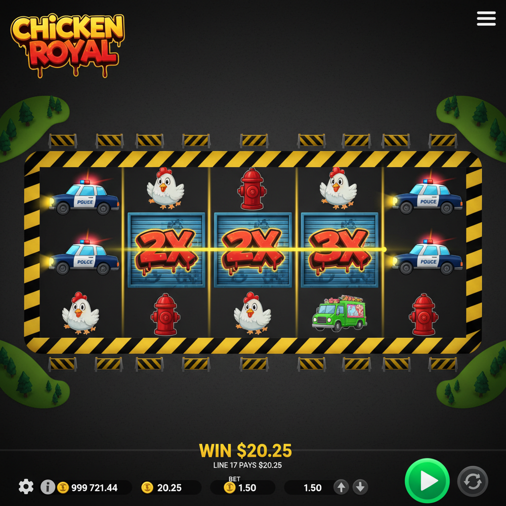 Chicken Royal Slot von InOut - Urban Street Theme mit Graffiti-Stil, zeigt das 5x3 Walzenraster mit gelb-schwarzen Warnstreifen, Cartoon-Huhn, Feuerwehrauto, Polizeiauto und Taxi-Symbolen sowie Wild-Garagentor mit Multiplikatoren