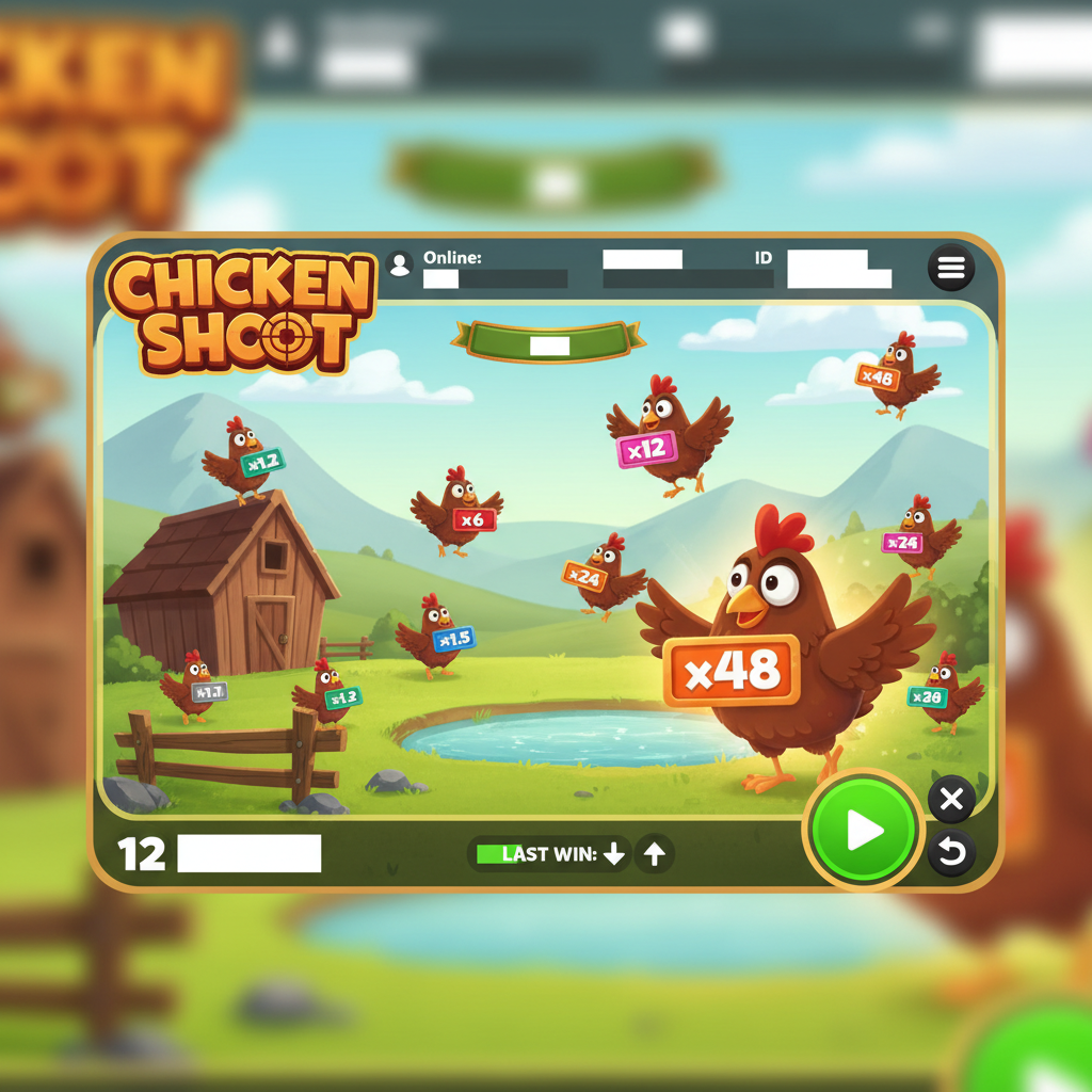 Chicken Shoot Slot Spielansicht mit Comic-Hühnern auf einer bunten Farm-Szene, verschiedene Multiplikator-Abzeichen von x1.1 bis x48, grüner Spielbutton und Einsatzsteuerung